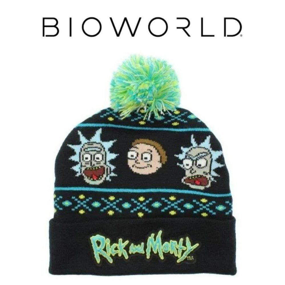 Bioworld Adult Swim Rick and Morty Magic Jacquard Pom Beanie Hat Black